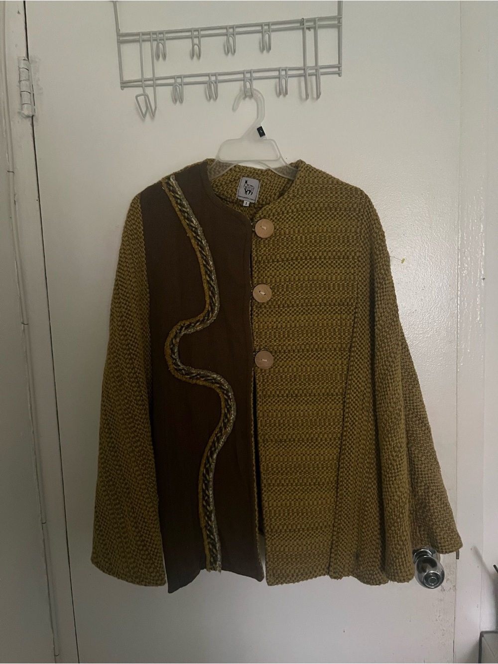 Puska Textured Olive Green Knit Swing Cardigan with Brown Accent - Picture 2 of 7